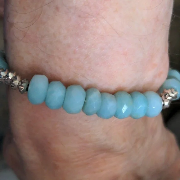 New Genuine Amazonite Gemstone Beaded Bracelet. Caribbean Blue, Bali Style Clasp - Picture 3 of 6